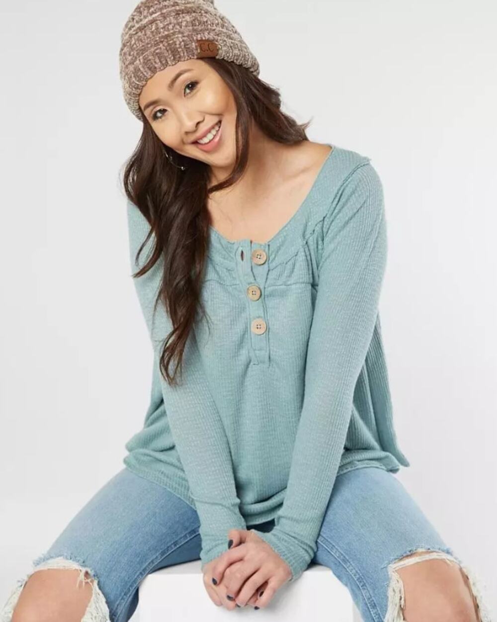 WE THE FREE people mint green Must Have thermal long sleeve henley top blouse